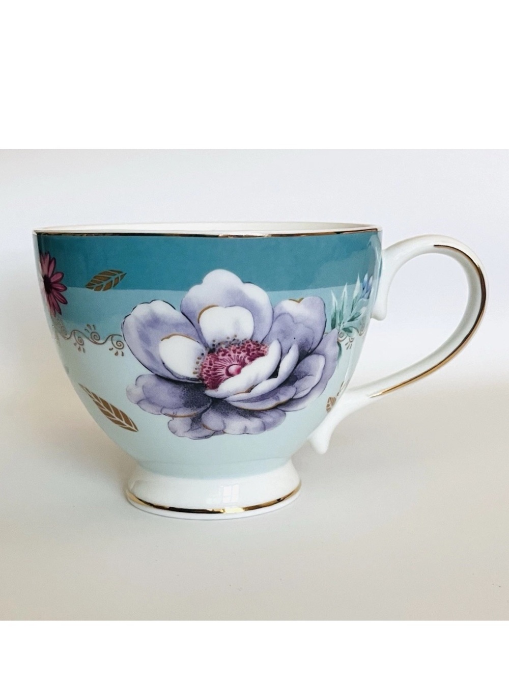 New Grace Teaware Floral Flower Footed Tea Cup Coffee Mug Teal Blue